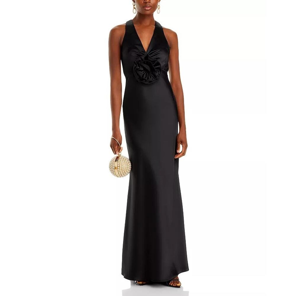 NWT AQUA Long Satin Flower Detail Low Back Maxi Dress Size 6